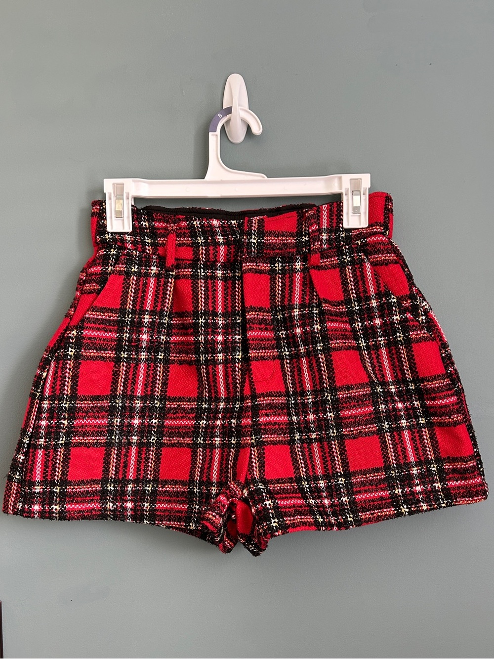 SHEIN Red Plaid Black Metallic High-Waist Shorts Size Small - Picture 2 of 9